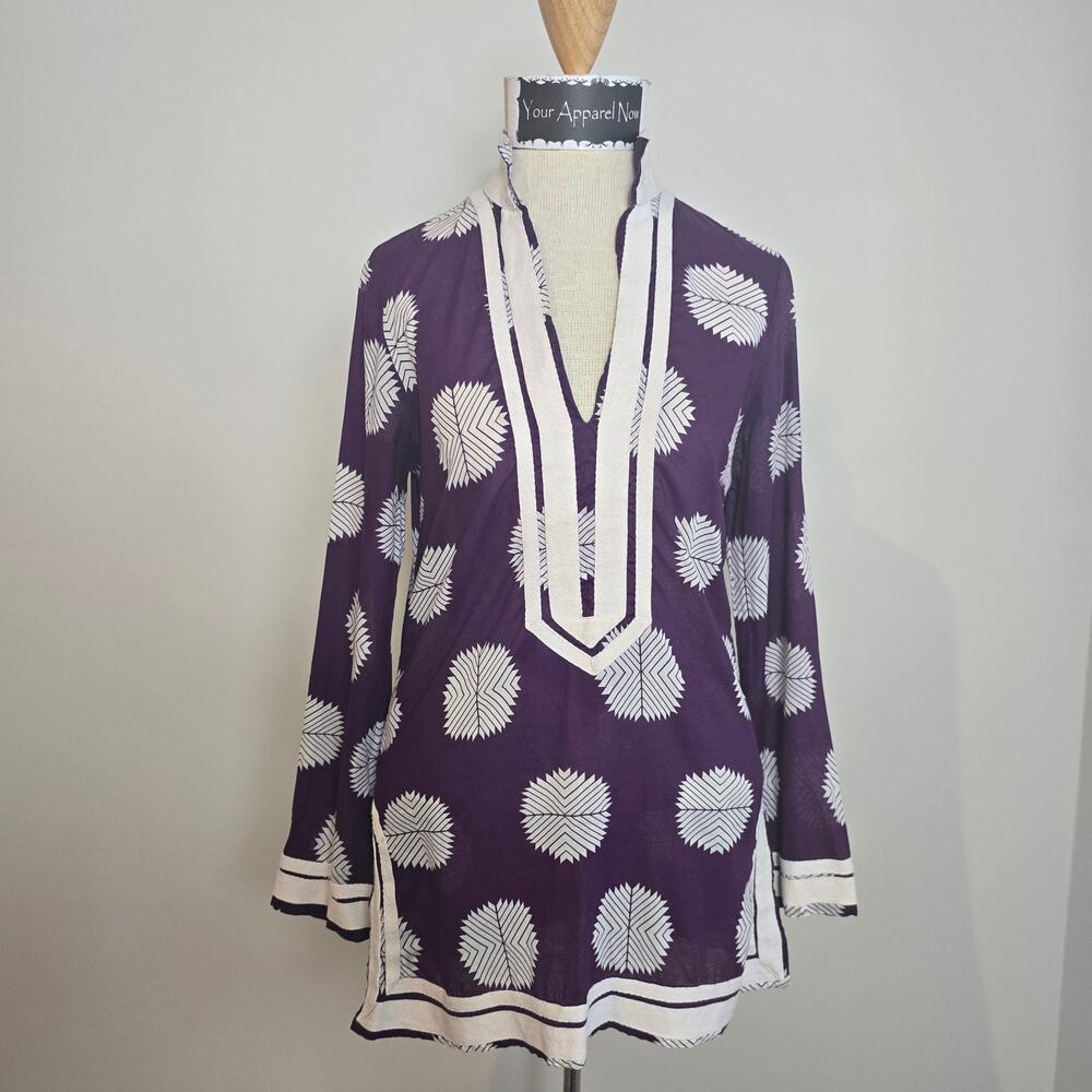 Tory Burch Purple White 100% Cotton V-Neck Long Sleeve Tunic Top Sz 2